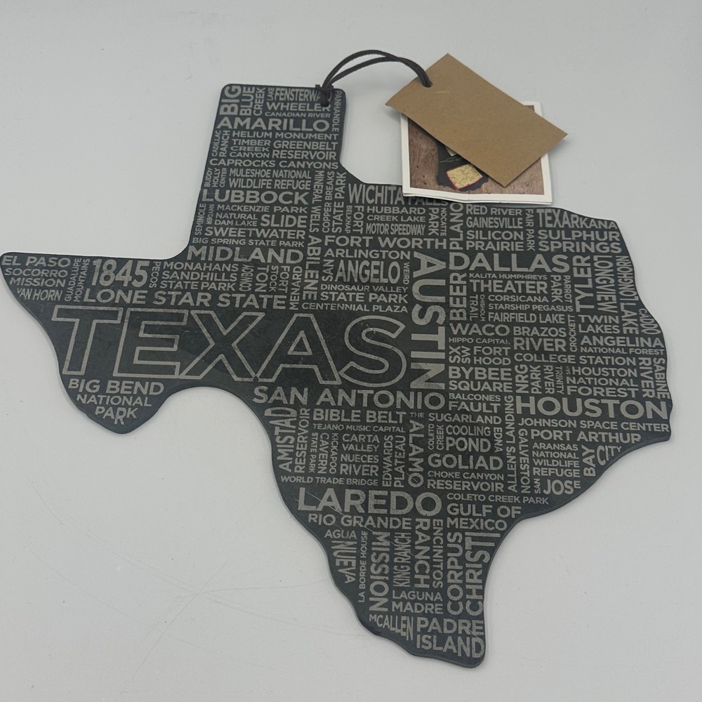Top Shelf Living Texas Shape‎ Slate Cheese Board Gray Etched Word Map Rustic NEW